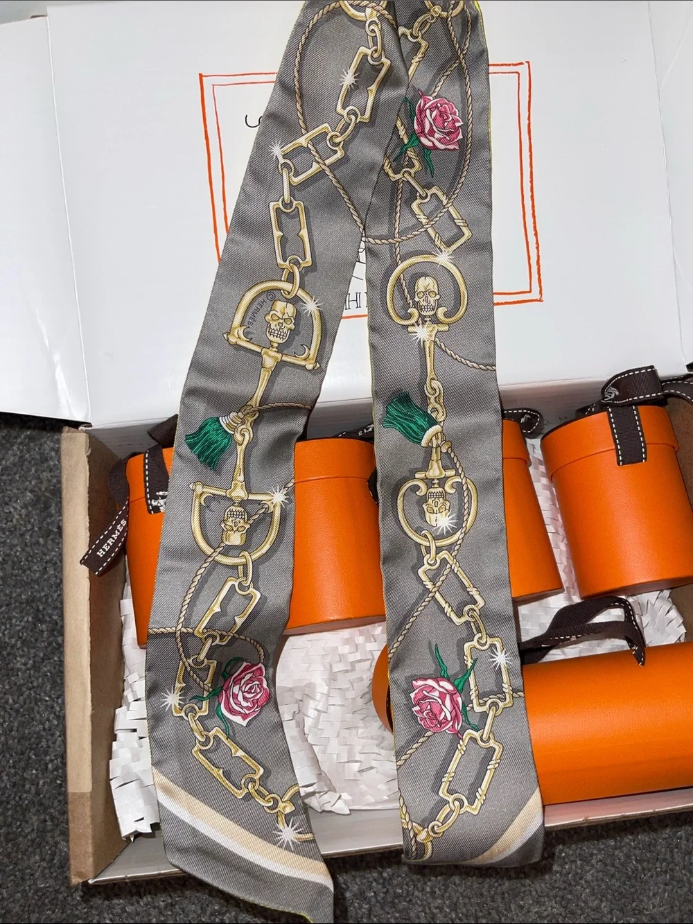 Hermés C’est La Fete Yellow & Grey Silk Twilly Scarf with Roses